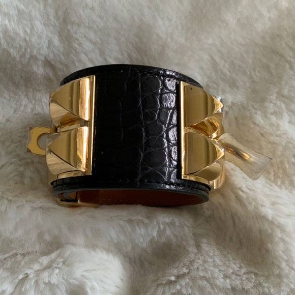 Authentic Hermes CDC Collier de Chien Matte Alligator Bracelets GOLD NOIR GHW - Picture 7 of 10